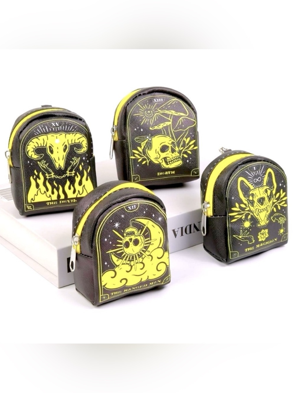 NEW 💀Set of 4💀 Mini Backpack Bag Charms Tarot Spooky Goth Horror Black Yellow